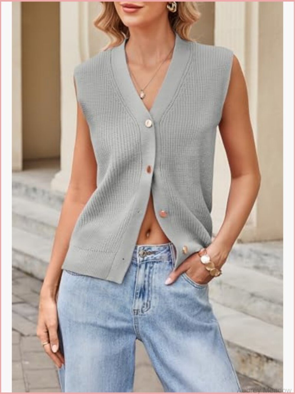 Sleeveless Cardigan Sweater Vest V-Neck Button Front Knit Tank Top - Picture 2 of 6